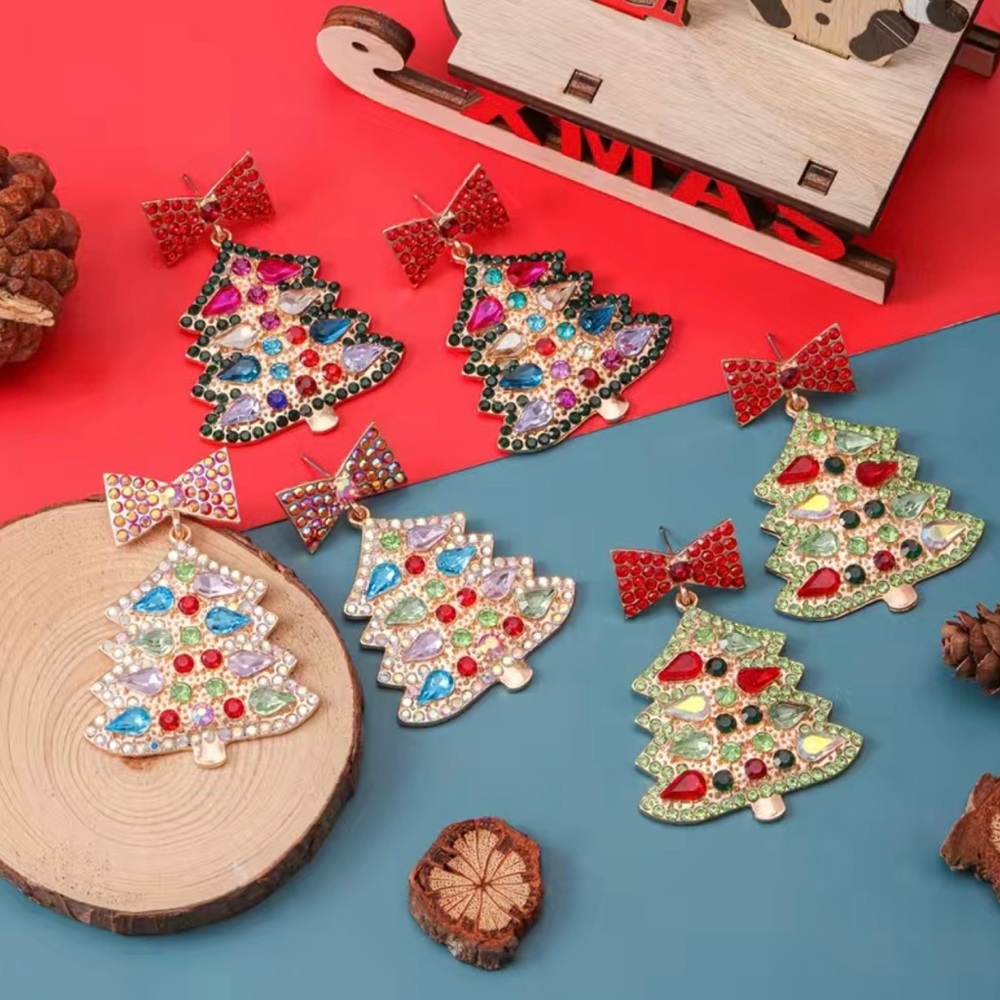 NWT Colorful Rhinestone Christmas Tree Dangle Earrings - Picture 3 of 5